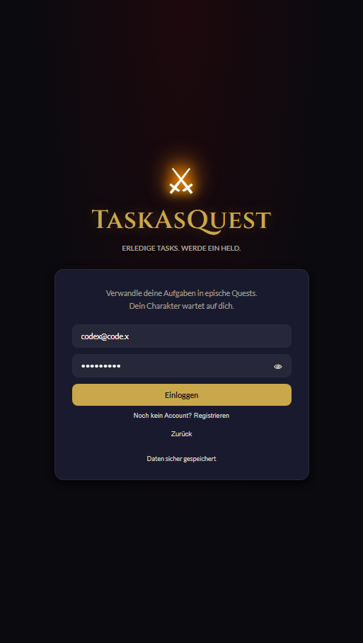 E-Mail-Login-Maske mit Modus-Wahl
