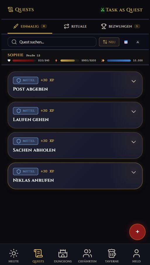 Questlog mit Sophie und mehreren Aufgaben