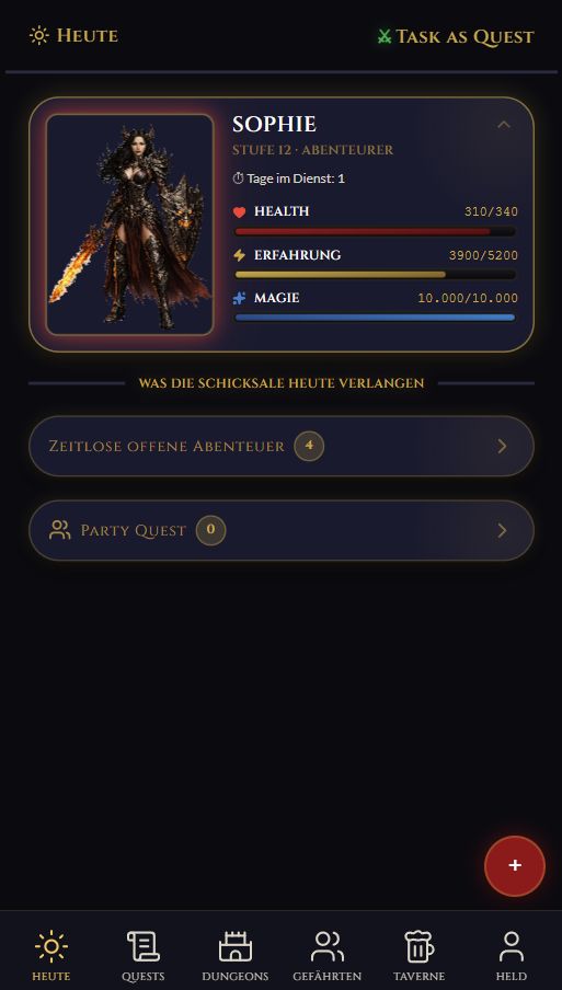 Heute-Ansicht mit überfälliger Quest und offenen Aufgaben