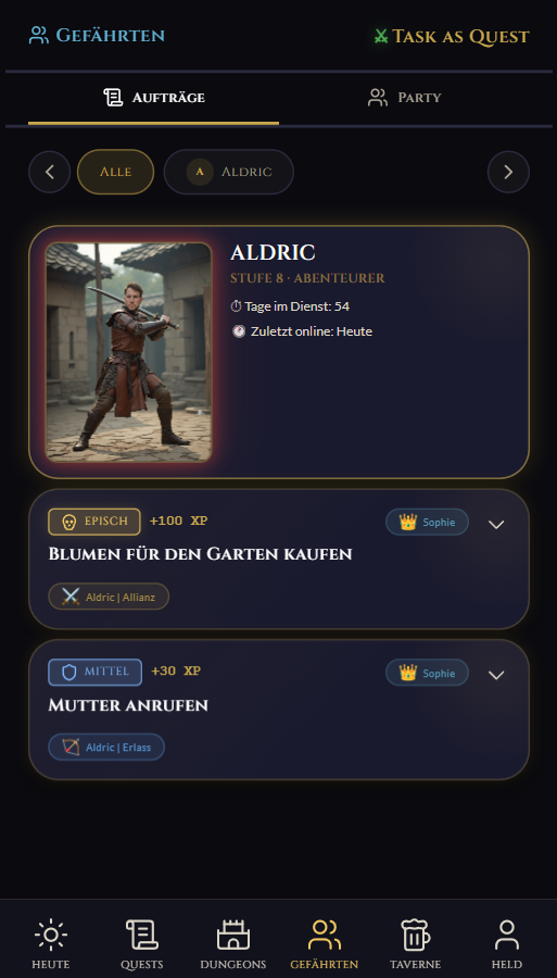 Gefährten-Ansicht mit geteilten Quests