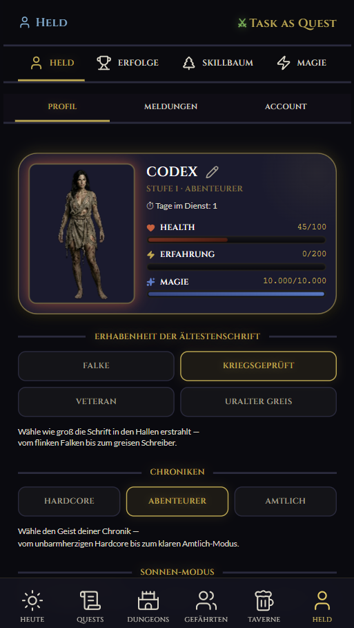 Held-Profil mit XP, HP, Skills
