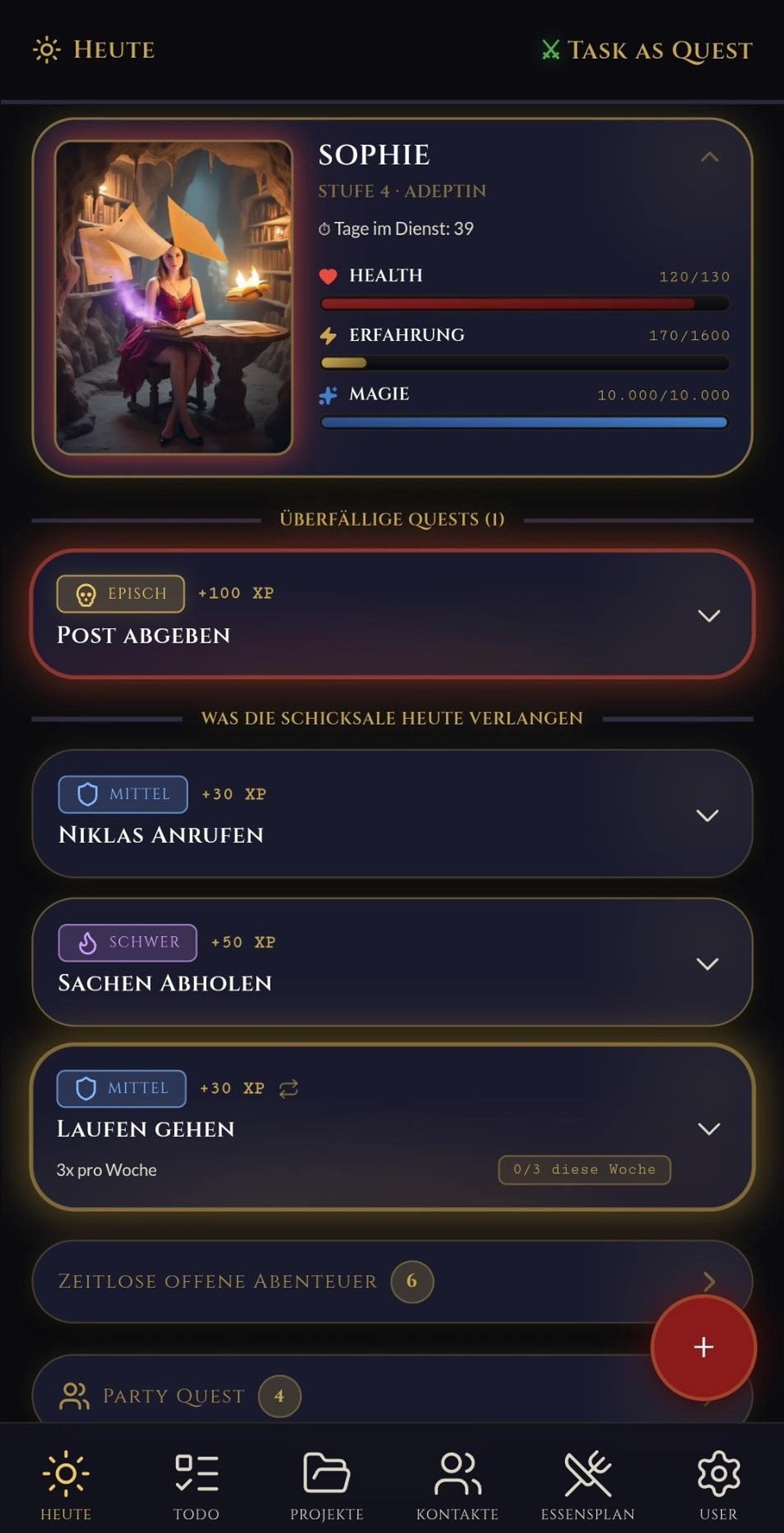 TaskAsQuest Heute-Ansicht mit Sophie, Level 12 und mehreren Quests