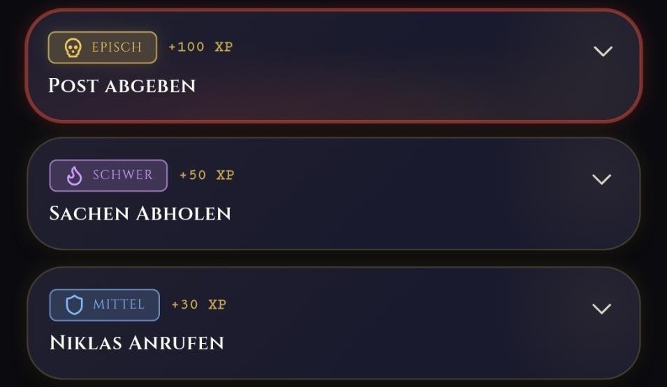Quest-Modus: Quests-Liste mit Schwierigkeit und XP