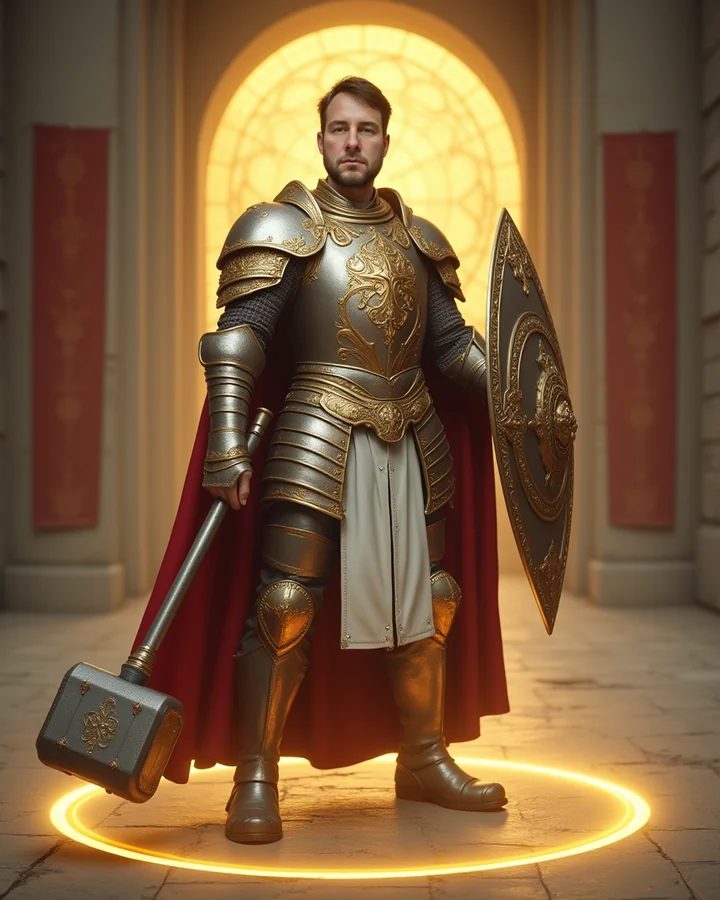 Paladin mit Streithammer, goldenem Schild und leuchtendem Weihe-Kreis