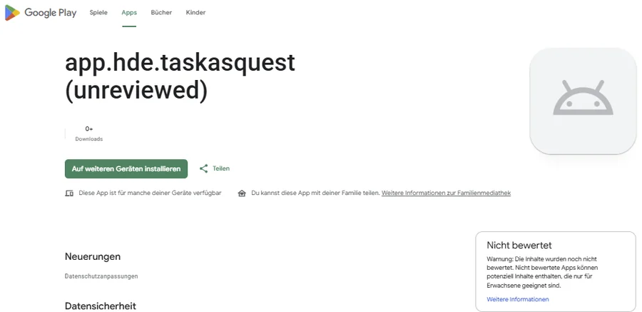 TaskAsQuest im Google-Play-Store als unreviewte App